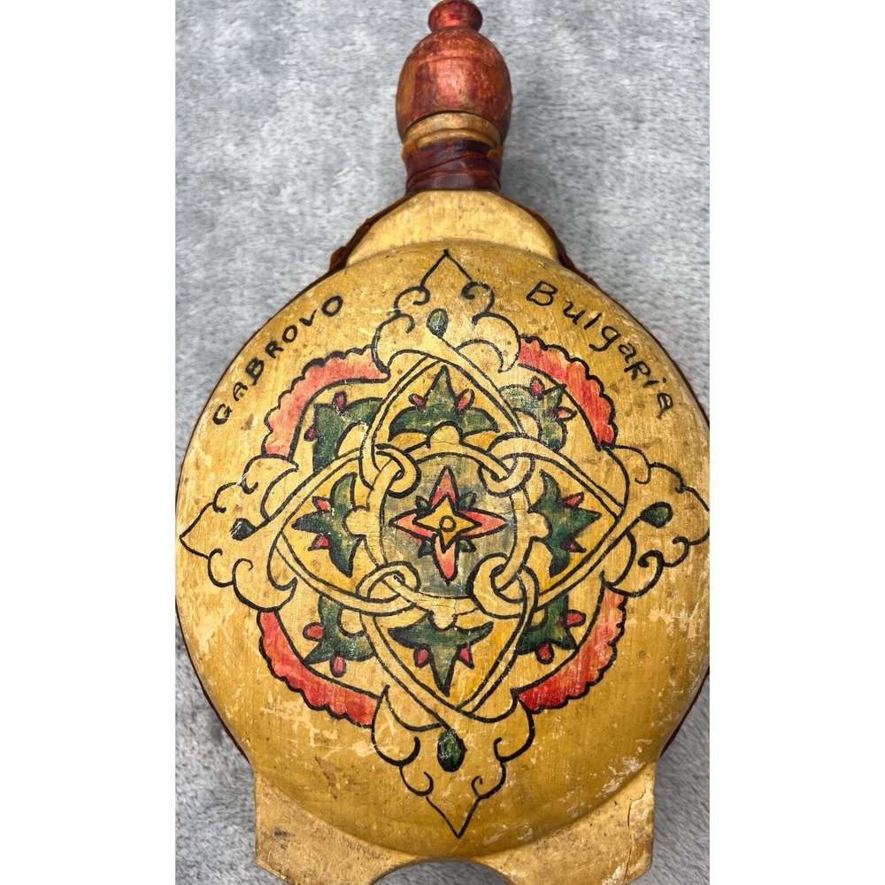 Vintage 1933 Bulgarian Gabrovo Hand Painted Wooden Canteen Flask Folk Art Decor